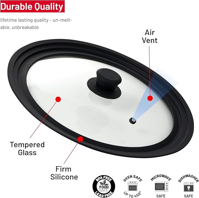 Universal Lids for Pots, Pans and Skillets - Tempered Glass with Vented Silicone Rim and Heat-Resistant Handle - Fits Multiple Cookware Sizes - Dishwasher & Microwave Safe (2 Pack, 11",12",12.5")