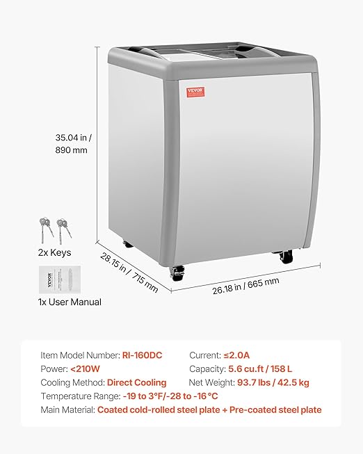 VEVOR Commercial Ice Cream Display Case, 5.6 Cu.ft Chest Freezer, Restaurant Gelato Dipping Cabinet Top Deep Freezer with Locking Casters, Sliding Glass Door, LED Lighting, Hold 4 Ice Cream Tubs