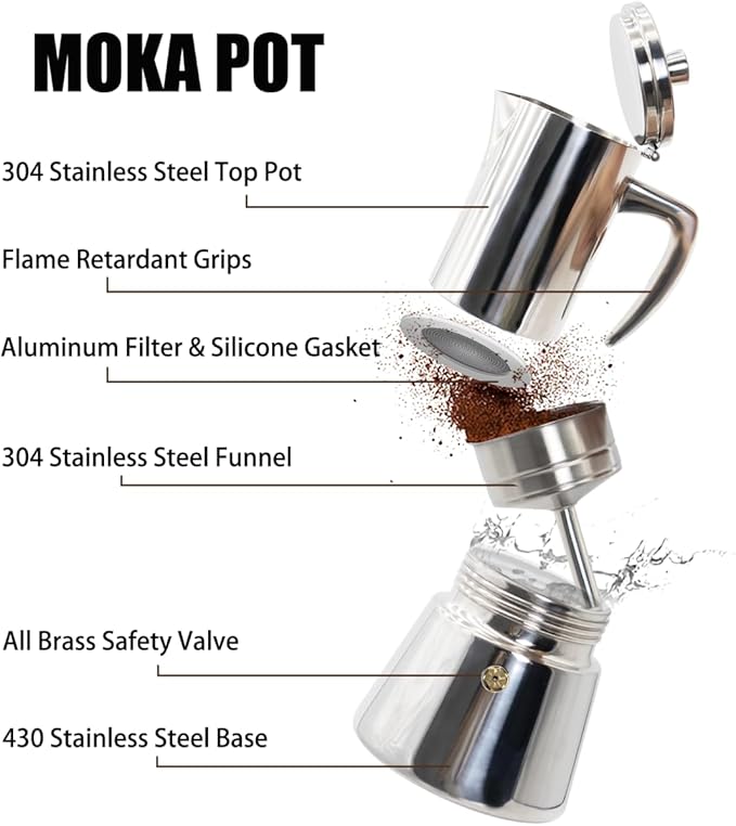 12 Cup Thickened 304 Stainless Steel Moka Pot Stovetop Espresso Maker Cafeteras Italian Percolator Espress Makers Capable Greca Mocha Coffee Machine for Induction Home and Camping 600ml 20oz