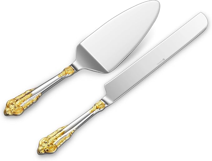 KEAWELL Gorgeous Wedding Cake Knife and Server Set, 18/10 Stainless Steel, Fine Luxury Cake Cutting Set (Gold Accent)