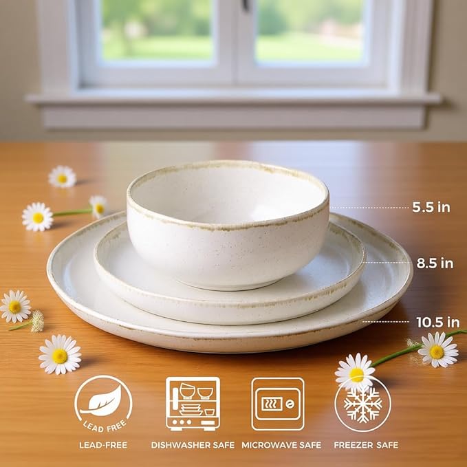 AmorArc Ceramic Dinnerware Sets, Wavy Rim Stoneware Plates and Bowls Sets, Highly Chip and Crack Resistant | Dishwasher & Microwave Dishes set, Service for 4 (12pc)-Speckled Cappuccino