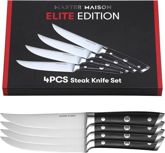 Master Maison 4-Piece 5" Ultra Premium Steak Knife Set | 4 German Non-Serrated Stainless Steel Kitchen Steak Knives + Storage Gift Box | Anti-Fatigue Ergonomic Full-Tang Triple-Riveted Handle (Black)