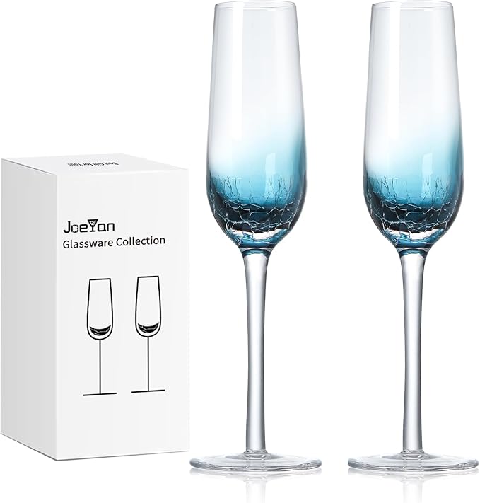 Joeyan Handmade Blue Crackle Champagne Flutes Glasses,Unique Aesthetics Glassware Art Decoration,Home Bar Essentials and Gifts for Wedding Anniversary,Set of 2,6.5 oz
