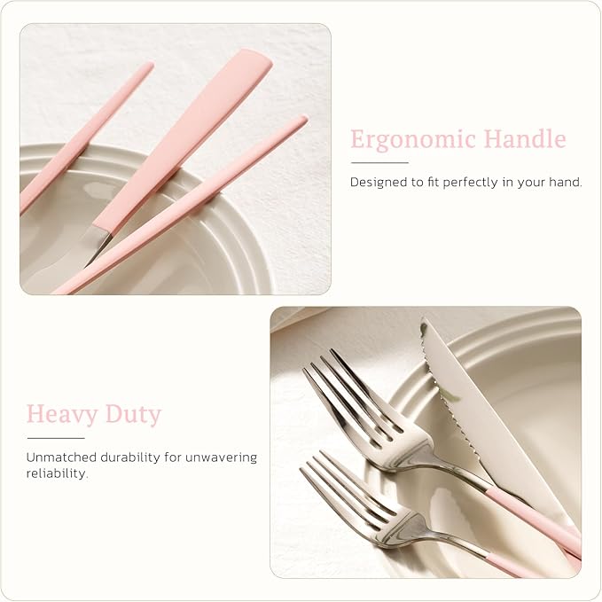 Astercook Silverware Set with Steak Knives 24-Piece Flatware Set for 4 Food-Grade Stainless Steel Pink Cutlery Set Mirror Polished Utensils Set Include Spoons and Forks for Home Kitchen Restaurant