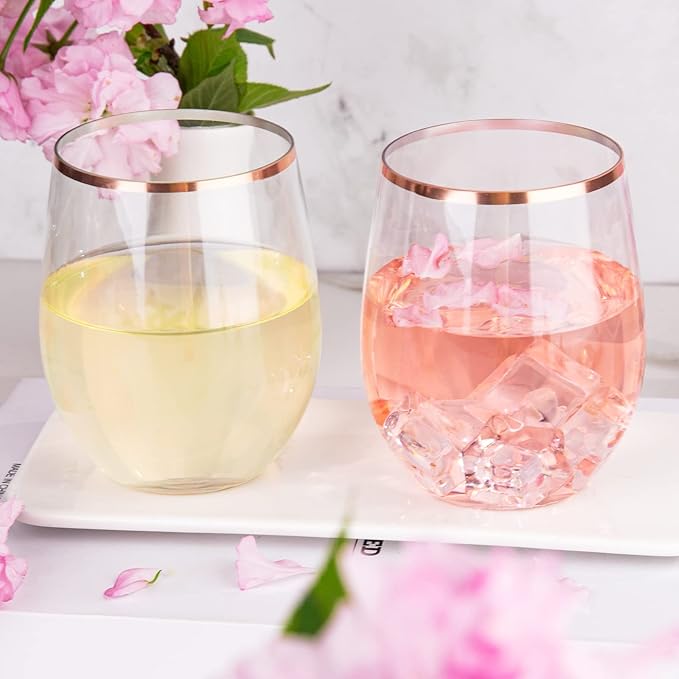 SUT 24 Disposable Stemless Wine Glasses, 12OZ Plastic Party Wine Cups, Rose Gold Wine Glasses, Shatterproof Reusable and BPA-Free, Clear Drinking Glasses Perfect for Outdoor Party, Wedding, Picnic