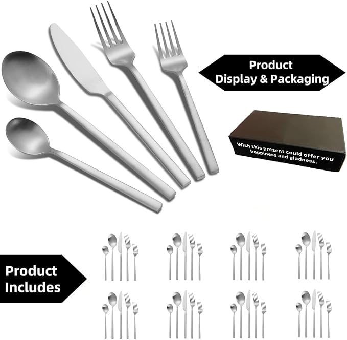 40-Piece Silver Silverware Set, Rectangular Flatware Set for 8, Matte Stainless Steel Cutlery Set, Home Essentials and Kitchen Utensils Set, for Restaurant, Party And Wedding, Dishwasher Safe