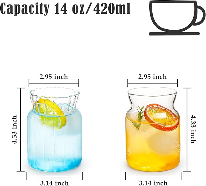 Koythin 2-Piece Ribbed Glass Cups, Vintage Drinking Glassware for Iced Coffee Juice Cocktails Milk Tea Beer, 14 oz/420 ml Cute Bubble Cup with Rounded (Bottle Chubby)