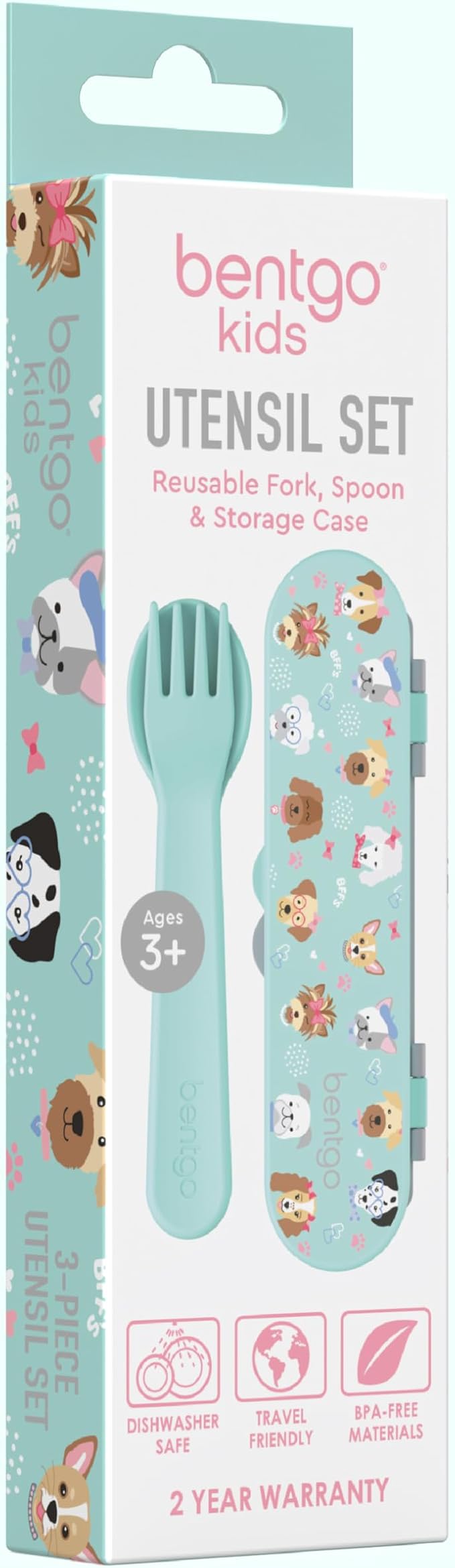 Bentgo Kids Utensil Set - Reusable Plastic Fork, Spoon & Storage Case - BPA-Free Materials, Easy-Grip Handles, Dishwasher Safe - Ideal for School Lunch, Travel, & Outdoors (Puppy Love)