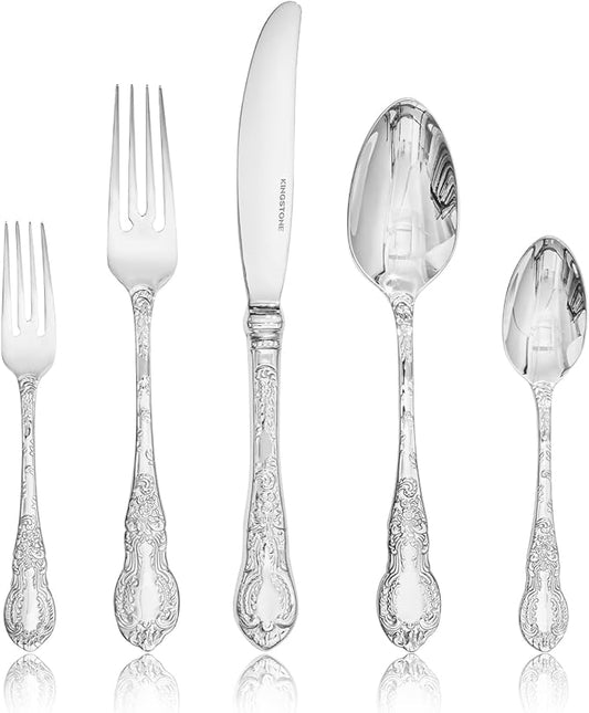 KINGSTONE Vintage Carved Silverware Set, 60-Piece 18/10 Stainless Steel Flatware Cutlery Set with Retro Royal Thick Handle, Tableware Utensils for Home, Restaurant, party, Wedding, Dishwasher Safe