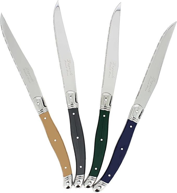 French Home Laguiole 4-Piece Steak Knife Set – Sophisticated Stainless Steel Dinner Knives with Earth Toned Handles & Iconic Bee Emblem – Serrated Knives for Smooth Cutting (9.25")
