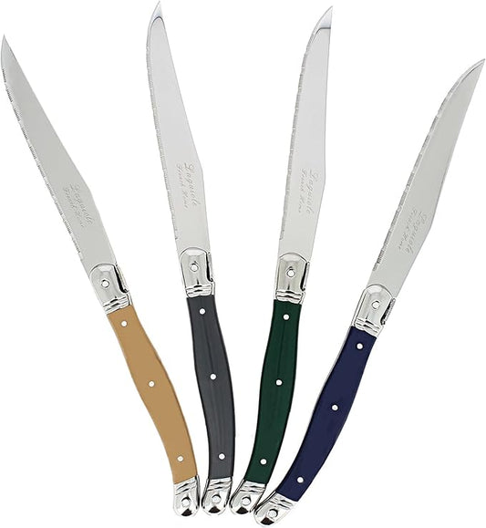 French Home Laguiole 4-Piece Steak Knife Set – Sophisticated Stainless Steel Dinner Knives with Earth Toned Handles & Iconic Bee Emblem – Serrated Knives for Smooth Cutting (9.25")