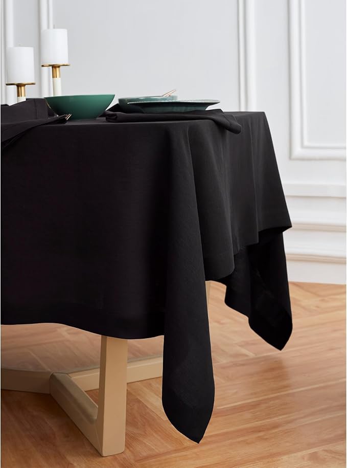 Solino Home Black Linen Tablecloth 70 x 144 Inch - 100% Pure Linen Table Cloth for Rectangle Tables - Sonoma, Machine Washable Tablecloth for Winter, New Year