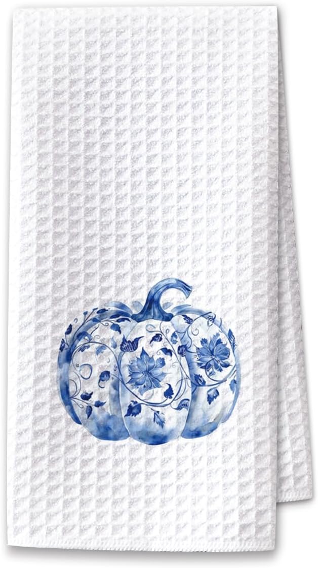 Fall Kitchen Towels Blue and White Pumpkin Kitchen Hand Towels, Chinoiserie Pumpkin Fall Decor Waffle Weave Dish Cloths 16x23.5 Inch, Farmhouse Autumn Thanksgiving Halloween Bathroom-C11