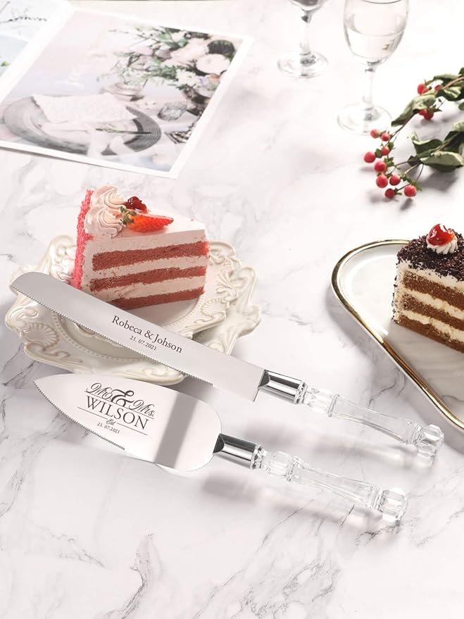 AW BRIDAL Personalized Wedding Cake Knife and Server Set, Silver Cake Cutter Set for Wedding Birthday, Pie Server Gift for Bride and Groom//DK2201CPP04//