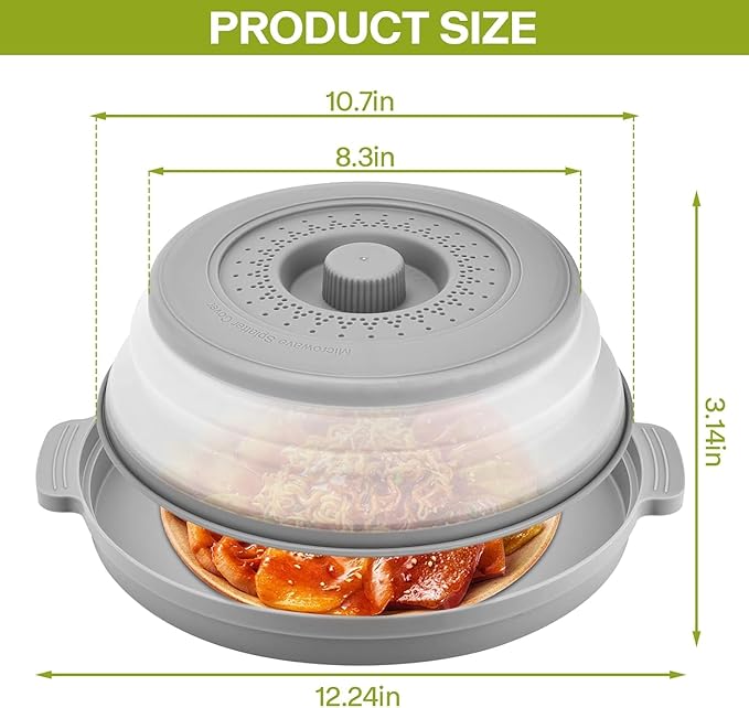 Microwave Splatter Cover for Food with Anti-scald Base Plate,Large Plastic & Silicone Vented Avoid Scalding Collapsible Guard Lid, Plate & Kitchen Colander for Meal Prep-10.7 Inch (2pcs-Gray-Black)