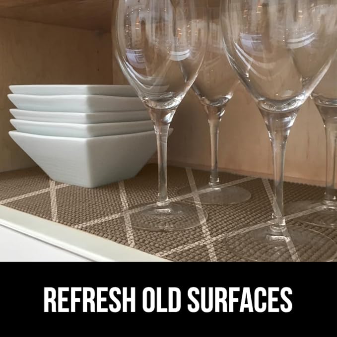 GORILLA GRIP powerGRIP Drawer Shelf and Cabinet Liner, Thick Strong Hold, Non-Adhesive Liners Protect Kitchen Cabinets and Cupboard, Bathroom Drawers, Easy Install, Breathable Mat, 17.5" x20', Beige