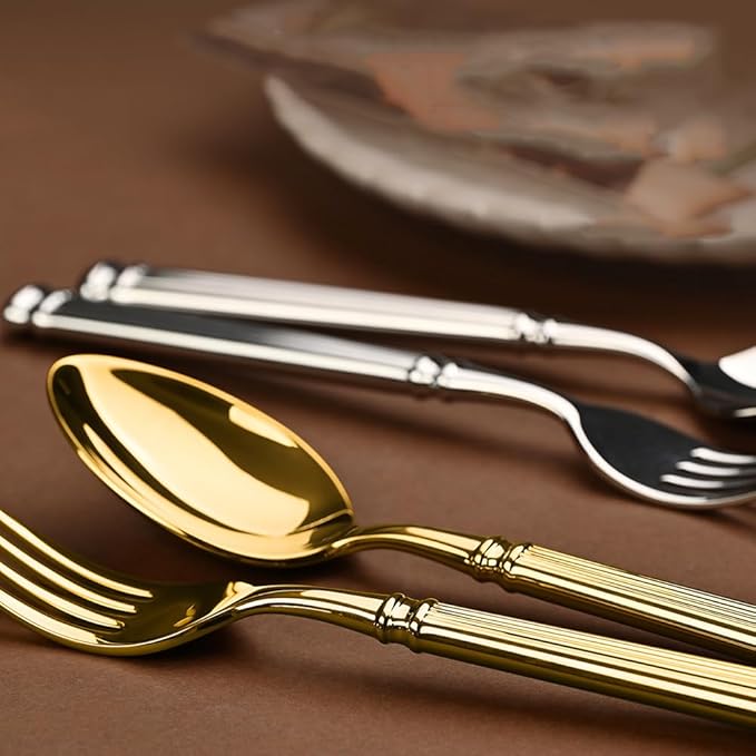 Gold Silverware Set for 12 Flatware Set 48 Pieces Luxury Tableware Set Roman Column Handle Knives and Forks spoons 18/10 Stainless Steel Cutlery Utensil Sets for Home Restaurant Dishwasher Safe