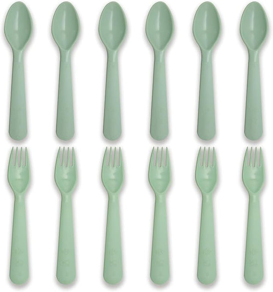 12 Pcs Kids Spoons and Forks Toddler Utensils Plastics Reusable Silverware Baby Cutlery Set Feeding Dinnerware Utensils BPA Free Microwave Dishwasher and Freezer Safe- Light Green