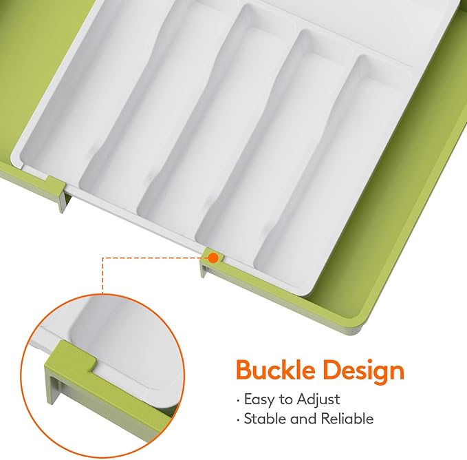 Lifewit Silverware Drawer Organizer, Expandable Utensil Tray for Kitchen, BPA Free Flatware and Cutlery Holder, Adjustable Plastic Storage for Spoons Forks Knives, Large, Green&White