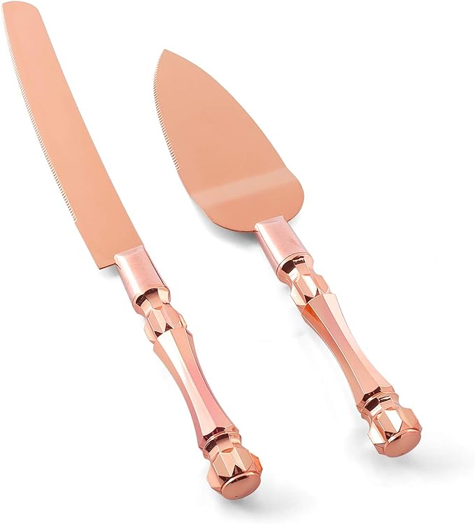 Homi styles Wedding Cake knife and Server Set | Elegant Rose Gold Color Premium 420 Stainless Steel plated Blades | Cake & Pie Serving Set for Wedding Cake, Birthdays, Anniversaries, Parties