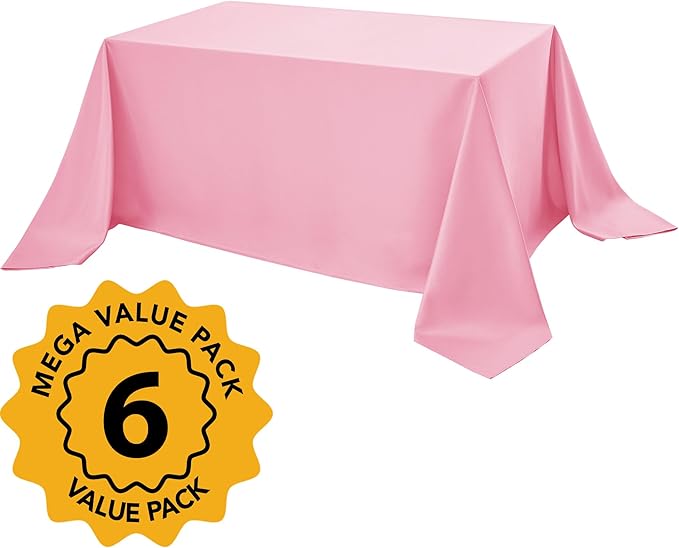 6-Pack Pink Tablecloths for Rectangle Tables, 90 x 132 Inches, Stain-Resistant Polyester Fabric for 8 Foot Tables - Washable Table Covers for Weddings, Banquets, Birthday Parties, Events