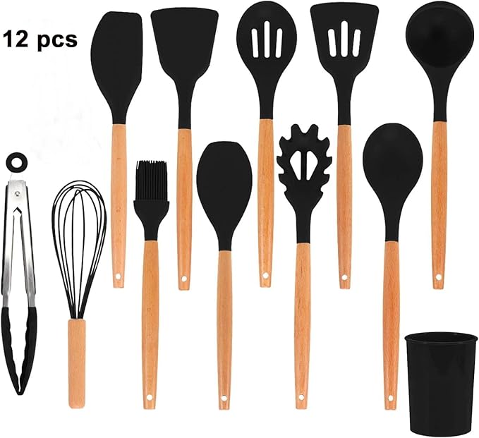 Generic Silicone Kitchen Tool Set, 12 Pieces, Spoons, Spatulas, Tongs (Black), KU002