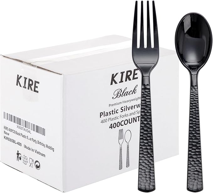 KIRE 400PCS Black Plastic Spoons and Forks Disposable - Black Plastic Silverware Set Disposable Cutlery - 200 Forks, 200 Spoons for New Year/Wedding