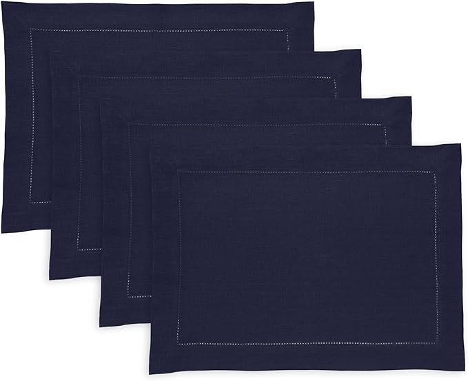 Solino Home Linen Placemats Set of 4 - Medium Weight Hemstitch Navy Blue Placemats 14 x 19 Inch - 100% Pure Linen Table Place Mats for Winter, New Year