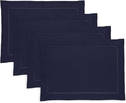 Solino Home Linen Placemats Set of 4 - Medium Weight Hemstitch Navy Blue Placemats 14 x 19 Inch - 100% Pure Linen Table Place Mats for Winter, New Year
