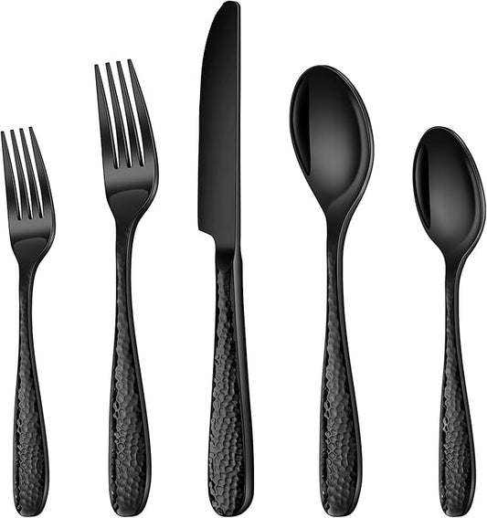 Hammered Silverware Set, Ollex 30PCS Black Flatware Set for 6 Mirror Finish Stainless Steel Eating Utensils Sets Include Forks Spoons and Knives Tableware Kitchen Cutlery Sets, Dishwasher Safe