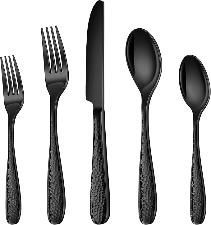 Hammered Silverware Set, Ollex 20PCS Black Flatware Set for 4 Stainless Steel Eating Utensils Sets Mirror Finish Include Forks Spoons and Knives Tableware Kitchen Cutlery Sets, Dishwasher Safe