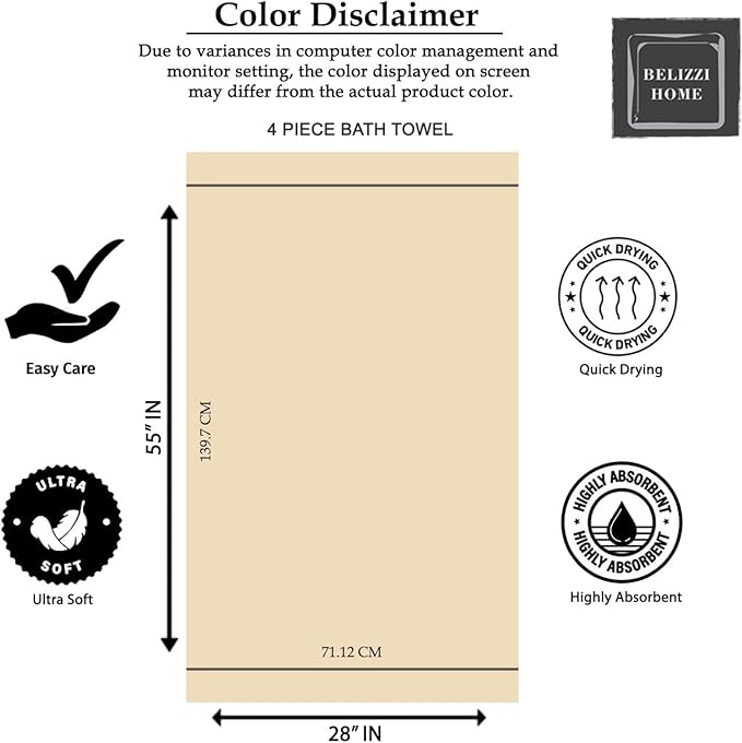 Belizzi Home Ultra Soft 4 Pack Oversized Bath Towel Set 27x54 inches, 100% Cotton Bath Towels, Highly Absorbant Compact Quickdry & Lightweight Towel, Ideal for Gym Travel Camp Pool - Teal