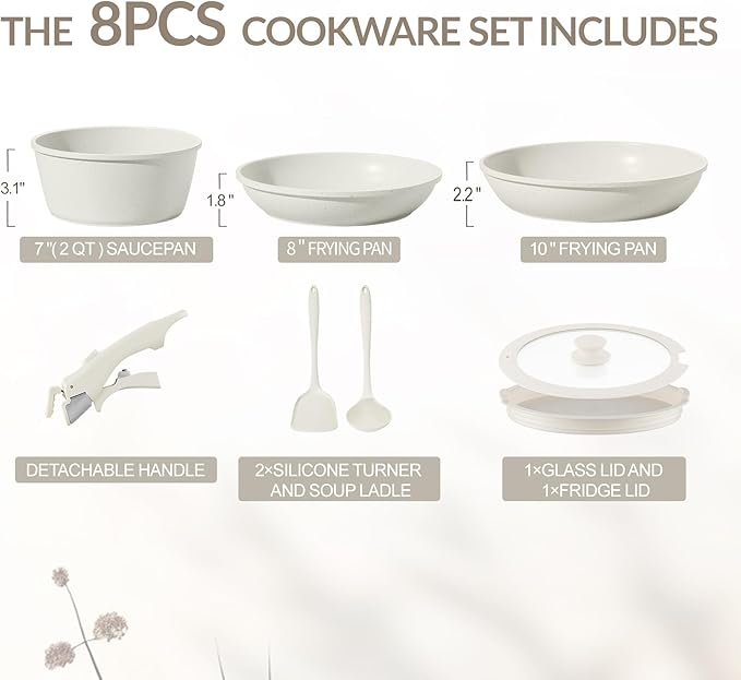 8PCS Ceramic Cookware,Nonstick Ceramic Pan, Removable Handle Pots and Pans Set, Stackable Pan Set, Nonstick Pots and Pans Set Non Stick pot for Home,RV