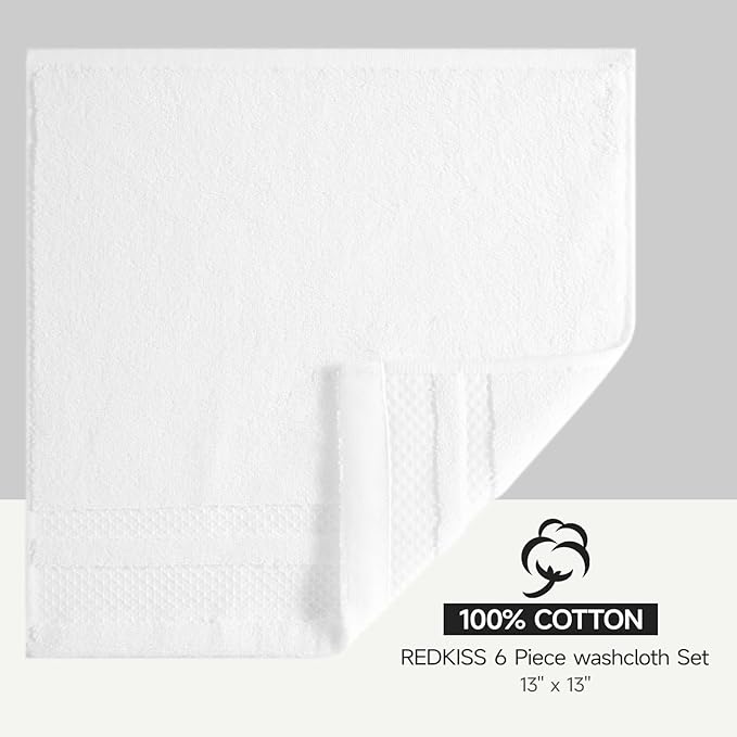 REDKISS Luxury Washcloths for Showering, 13x13 inch, 100% Cotton Premium Wash Cloths Set of 6, Super Soft and Highly Absorbent Face Towels for Bathroom, Spa, Gym and Hotel, White