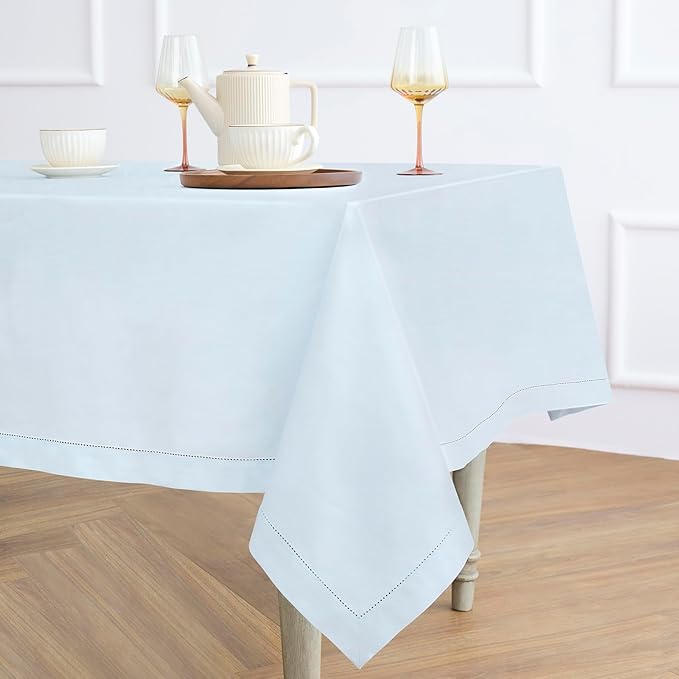 Solino Home Light Blue Tablecloth 58 x 120 Inch - Cotton Linen Hemstitch Rectangular Tablecloth - Machine Washable Table Cloth for New Year