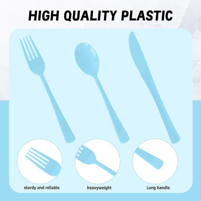 150 Pack Disposable Plastic Silverware, Heavy Duty Light Blue Plastic Cutlery Set Includes 50 Forks 50 Knives 50 Spoons for Birthday Wedding Party Picnics (150, Light Blue)