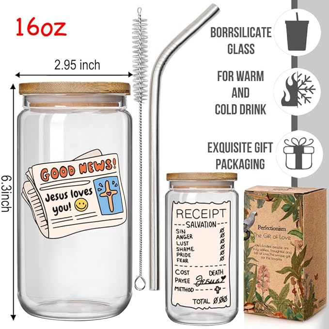 Jesus Loves You Christian 16 oz Glass Drinking Cup Gifts for Women of the Bible, Christian Faith Bible Verse Gift, Baptism Gifts,Jesus Coffee Jar Lids Straws Educational Religious Party Favors Gift