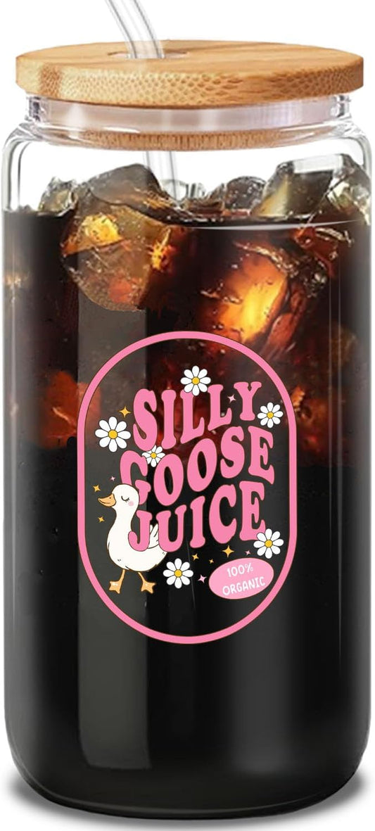 Cute Silly Goose Glass Cup Gifts, Pink Glass Tumbler Set with Straw, Cleaning Brush in Gift Box - Ideal Aesthetic Coffee Bar - Present for Women Friends - 16 Oz