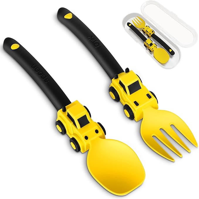 Construction Toddler Utensils - Toddler Forks and Spoons - Kids Construction Truck Utensils - Forks and Spoons Silverware Set - Christmas Birthday Gift for 1 2 3 4 5 year old, Yellow
