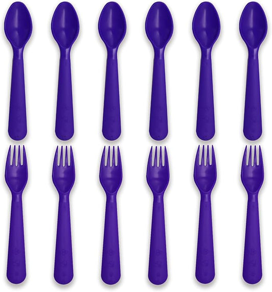 12 Pcs Kids Spoons and Forks Toddler Utensils Plastics Reusable Silverware Baby Cutlery Set Feeding Dinnerware Utensils BPA Free Microwave Dishwasher and Freezer Safe- Purple