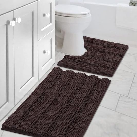 Bathroom Rugs Bath Rug Set 2 Piece Bathroom Contour Rug Toilet Mat Sets Non Slip Contour Bath Rug Set Ultra Thick Water Absorbent Striped Bath Mats Washable(20" x 32" Plus 20" x 20" U, Chocolate)