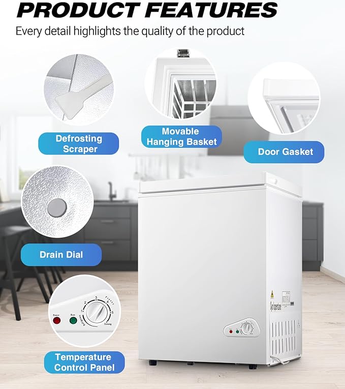 Chest Freezer, Deep Freezer 5 Cubic Feet with Removable Baskets & 6 Adjustable Temperature & Top Open Door, White Mini Deep Freezer Compact Freezer Suitable for Apartments(Down to -18°F)