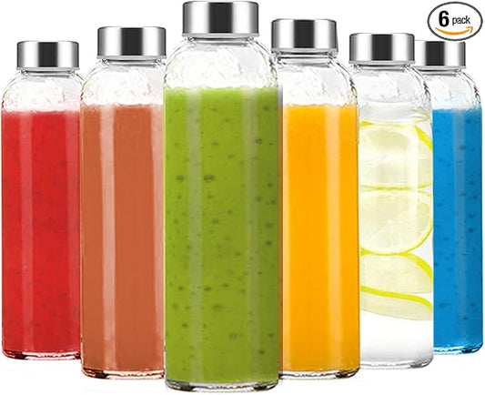 24 oz Clear Glass Bottles with Lids, Reusable Glass Water Bottles with Stainless Steel Cap for Juicing, Refrigerator,100% Leak Proof, BPA Free, Juice Water Bottle Set of 6