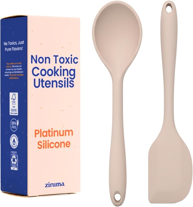 Non-Toxic Platinum Silicone Kitchen Utensil Set of 2 – Non-Scratch Cooking Spoon & Spatula, 100% Plastic Free, Stainless Steel Core, Heat Resistant 500°F, Beige