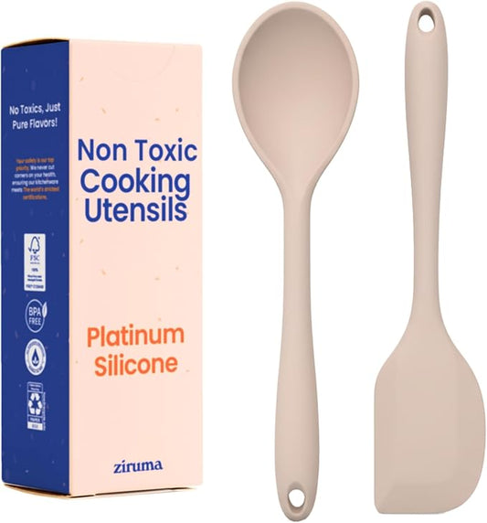 Non-Toxic Platinum Silicone Kitchen Utensil Set of 2 – Non-Scratch Cooking Spoon & Spatula, 100% Plastic Free, Stainless Steel Core, Heat Resistant 500°F, Beige