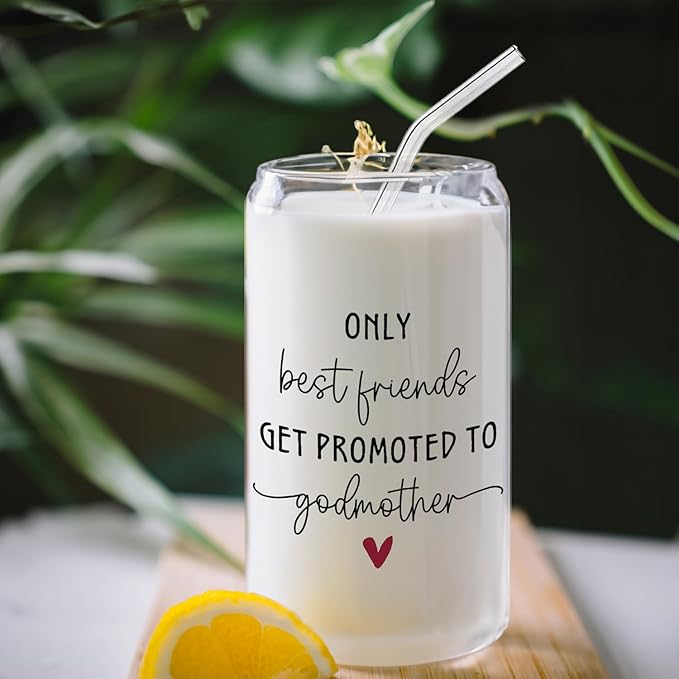 Promoted to Godmother Glass Cup with Lids and Straws 14oz, Godmother Proposal Mother's Day Gifts for Best Friends Glass Iced Coffee Tumbler Drinking Jars with Cleaning Brush