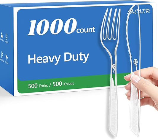 SACATR 1000 Count Plastic Silverware Heavy Duty -500 Forks, 500 Knives，BPA-Free,Heat Resistant Disposable Plastic Spoons Bulk, Solid Durable Premium Cutlery for Parties, Events and Everyday Use