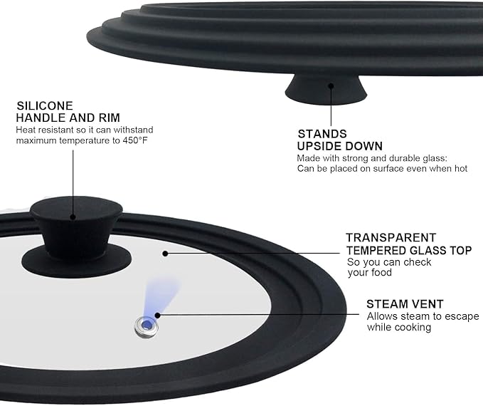 Universal Lid for Pots, Pans and Skillets - Tempered Glass with Heat Resistant Silicone Rim, Fits 9.5", 10" and 11" Diameter Cookware