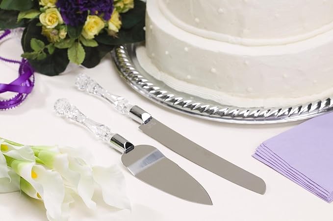 Adorox Elegant Cake Knife and Server Set Stainless Steel with Crystal Handle - Perfect for Weddings Anniversaries,and Special Celebrations (Sliver)