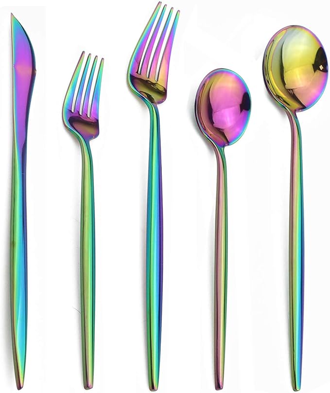 20-Pieces 18/10 Stainless Steel Silverware Set, Colorful Mirror Polishing Rainbow Flatware Set, Kitchen Knife Fork Spoon Utensils, Service for 4